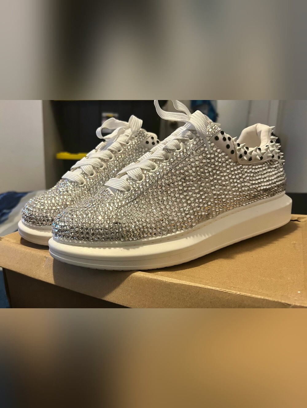 Once Worn-Custom Rhinestone Made Steve Madden White Frostin Men Sneaker(Size 12)